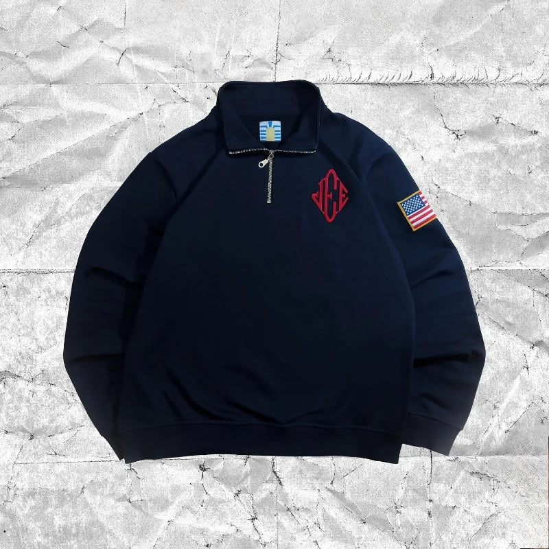 Y2K Retro Sweatshirt Sleeve Embroidery US Flag Stand Collar Quarterzip Pullover Fashion Niche Streetwear Unisex Oversized Tops