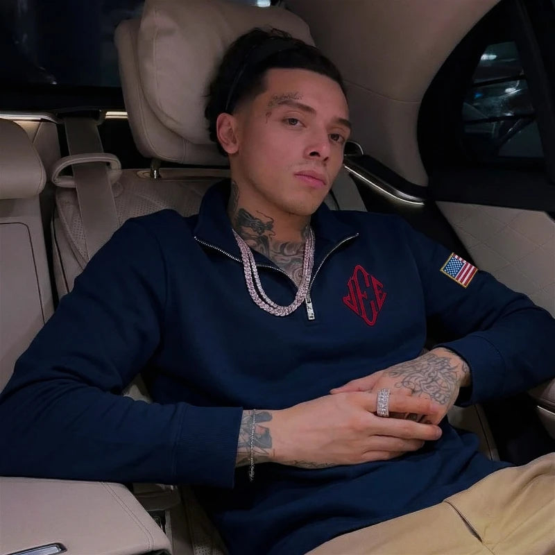 Y2K Retro Sweatshirt Sleeve Embroidery US Flag Stand Collar Quarterzip Pullover Fashion Niche Streetwear Unisex Oversized Tops