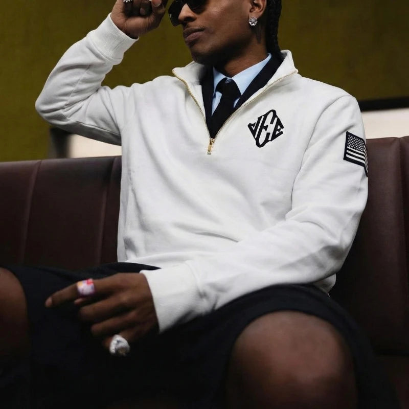 Y2K Retro Zipneck Sweatshirt JEE 3D Embroidery Quarterzip Pullover Hoodie American Trendy Classic Streetwear Men Clothing